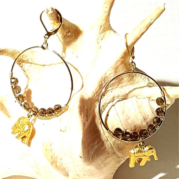 Gold tone Elephant Charms Hoop Earrings Chocolate Faceted Crystals - Picture 1 of 8